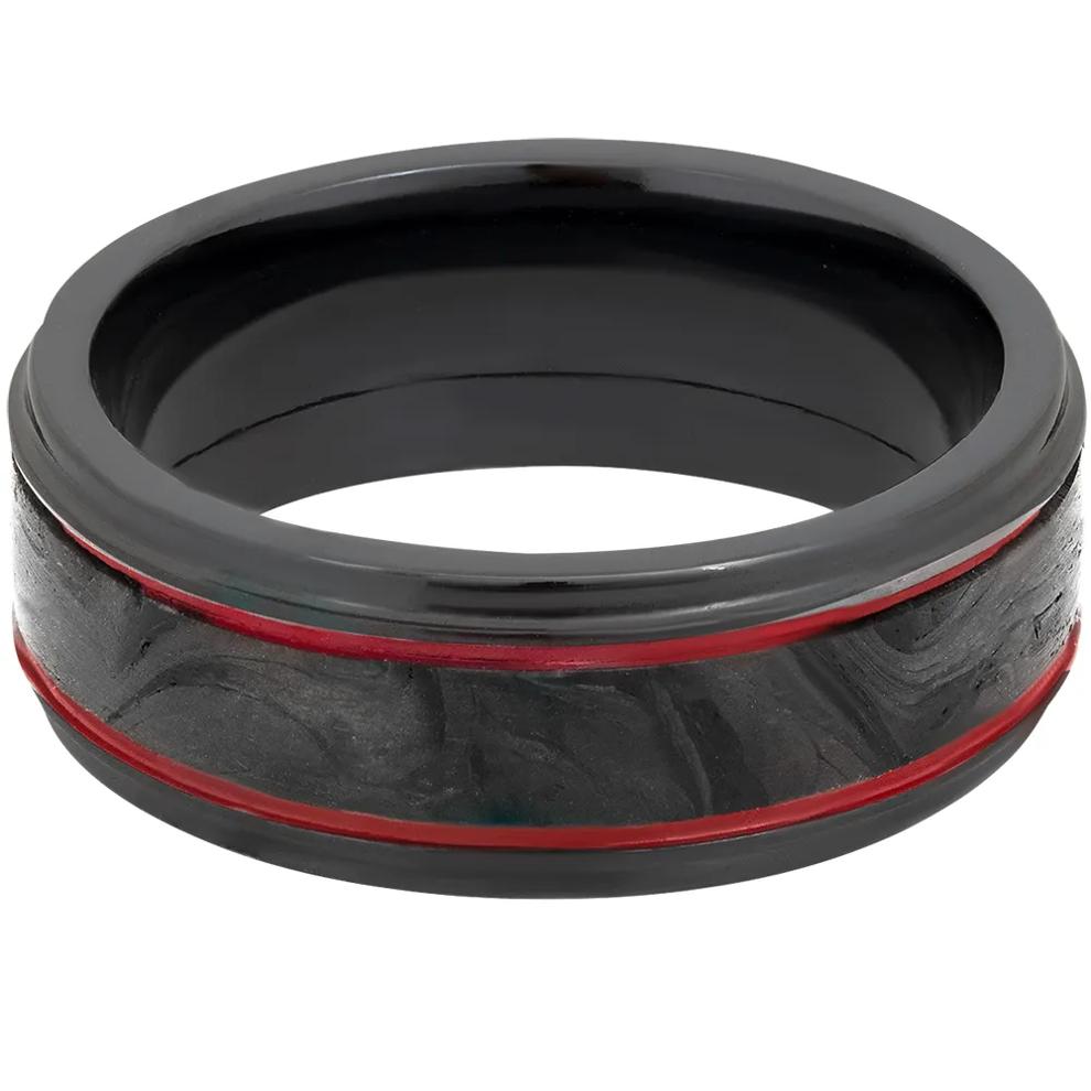 Men&rsquo;s Wedding Band with Red Cerakote in Carbon Fiber &amp; Black Zirconium, 8mm – Image 1 of 3