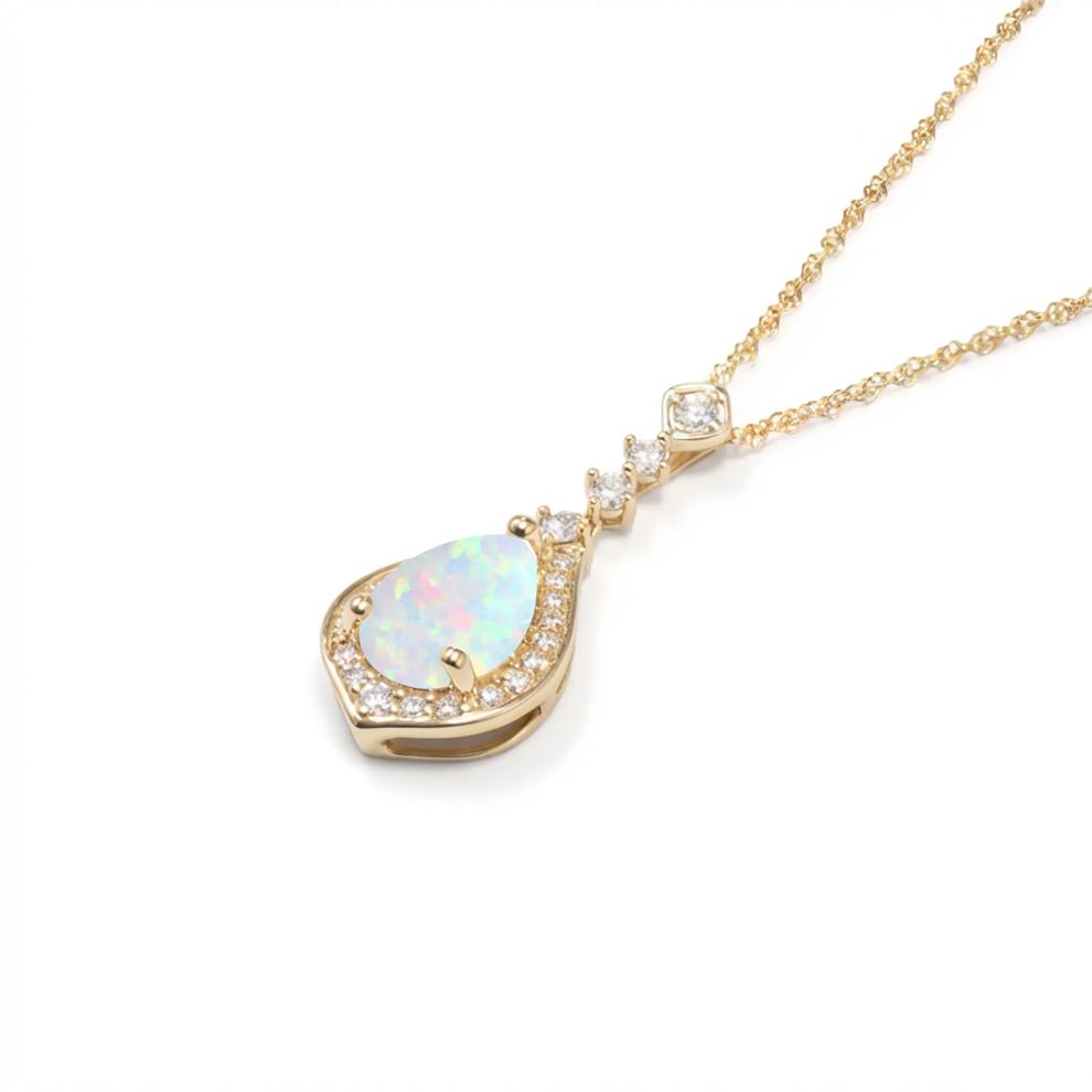 Pear-Shaped Opal &amp; Round Diamond Pendant Necklace in 10K Yellow Gold (1/5 ct. tw.) – Image 2 of 4