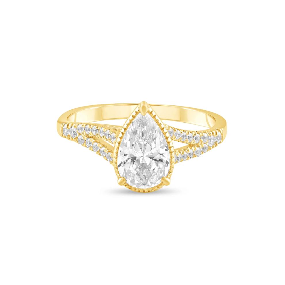 Lab Grown Diamond Pear-Shaped Center Split-Shank Engagement Ring in 10K Yellow Gold (1 1/4 ct. tw.) – Image 1 of 4