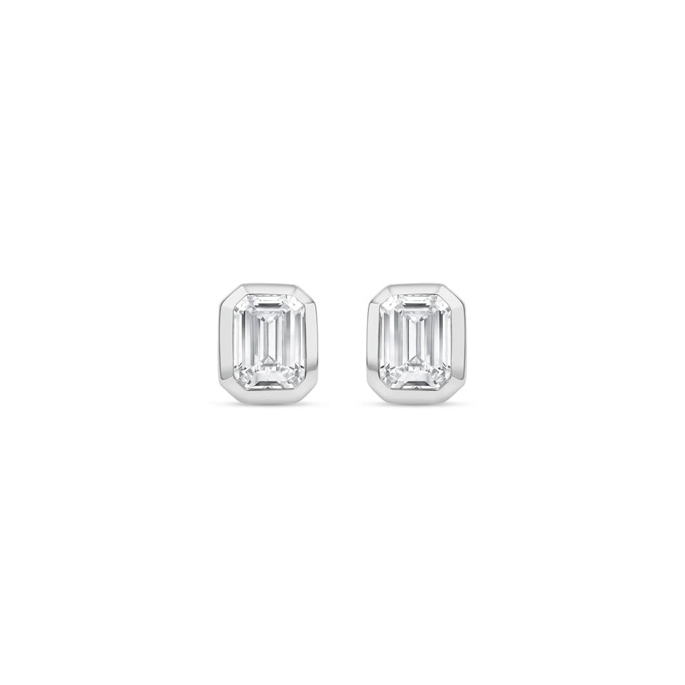 Lab Grown Diamond Emerald-Cut Bezel-Set Solitaire Stud Earrings in 14K White Gold (1/4 ct. tw.) – Image 2 of 3