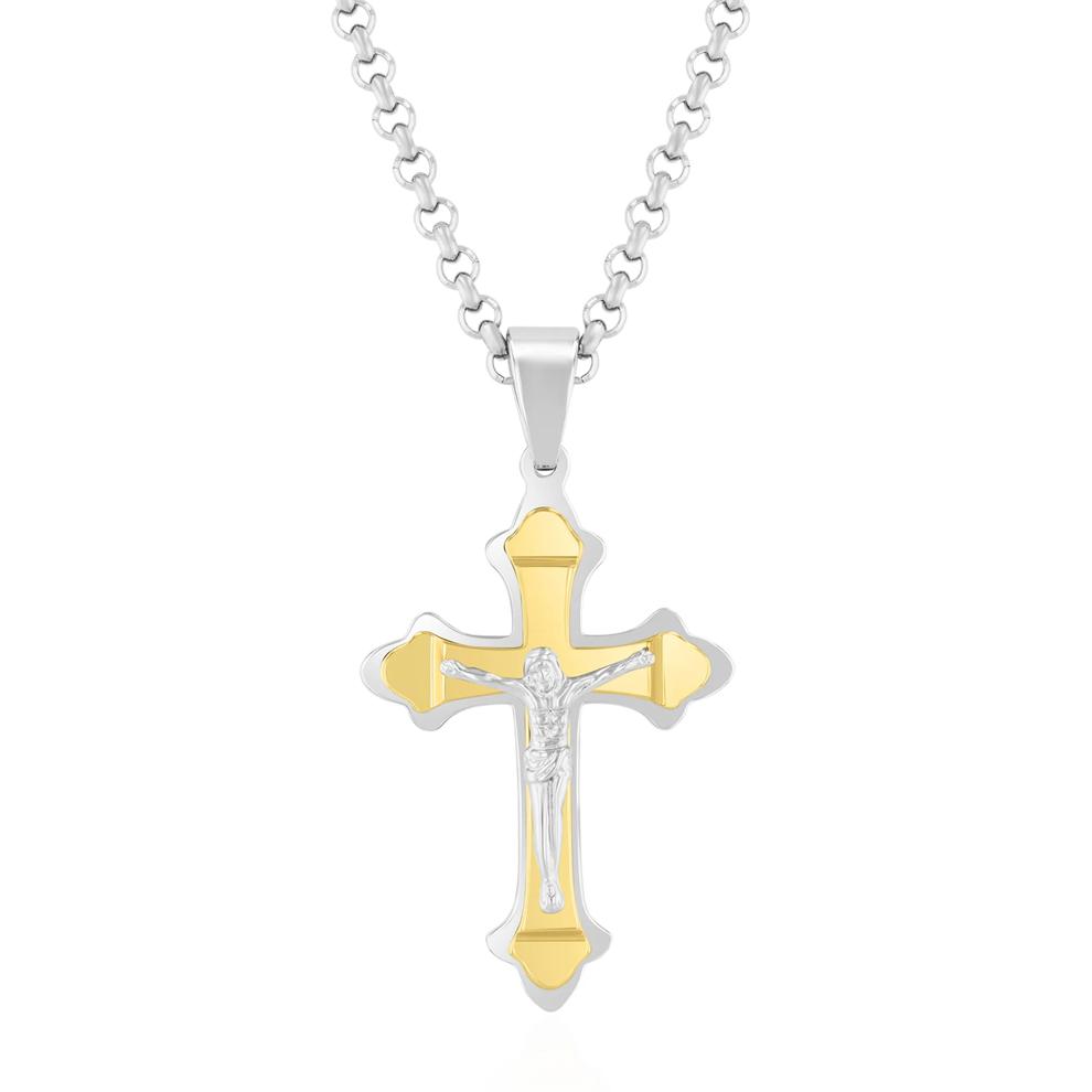 Cross Crucifix Pendant Rolo Chain Necklace in Two-Tone Yellow Ion-Plated Stainless Steel – Image 1 of 3