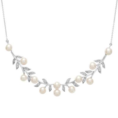 Freshwater Cultured Pearl & Diamond Accent Leafy Necklace in Sterling Silver