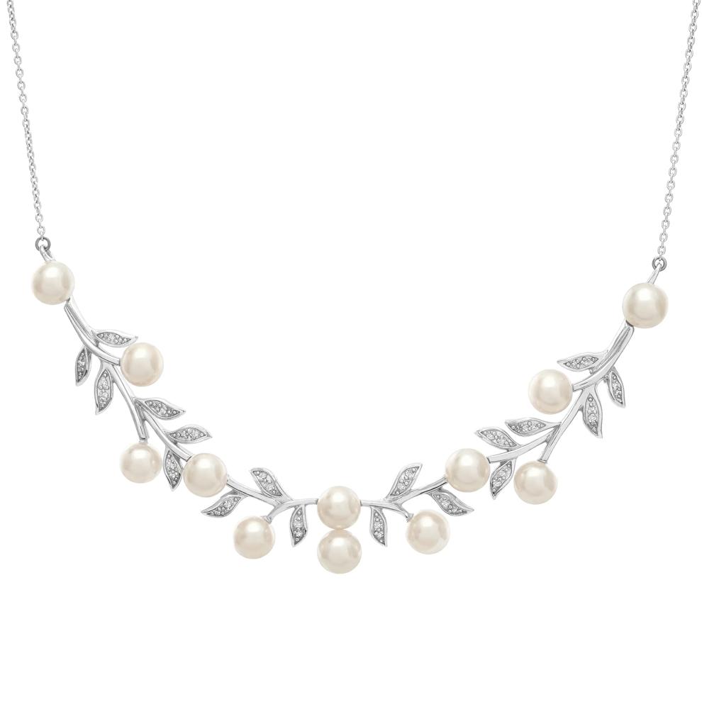 Freshwater Cultured Pearl &amp; Diamond Accent Leafy Necklace in Sterling Silver – Image 1 of 4