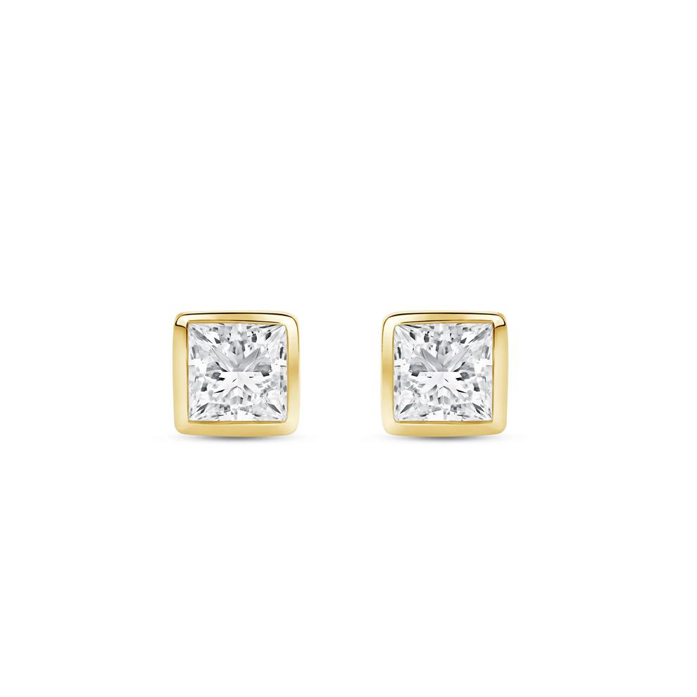 Lab Grown Diamond Princess-Cut Bezel-Set Solitaire Stud Earrings in 14K Yellow Gold (1/4 ct. tw.) – Image 2 of 3