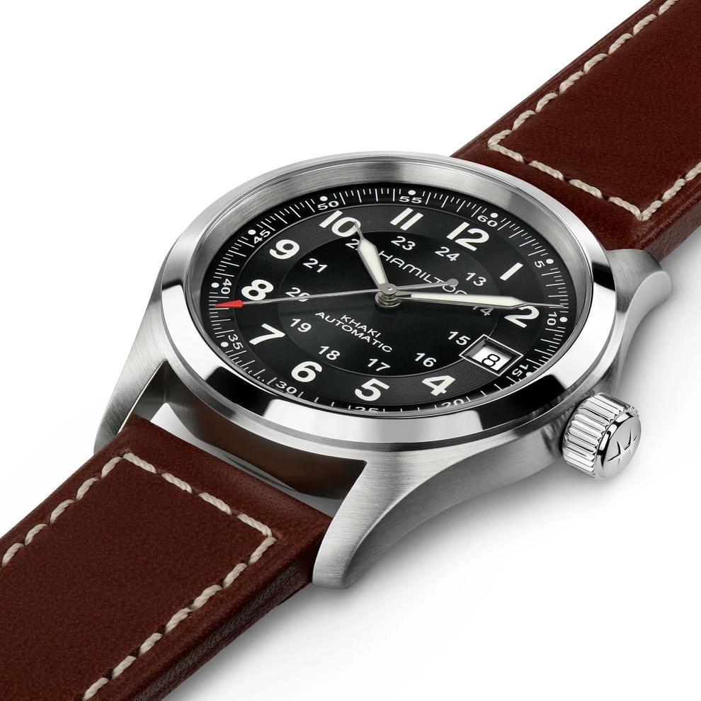 Khaki Field Auto Watch with Brown Leather Strap – Image 2 of 3