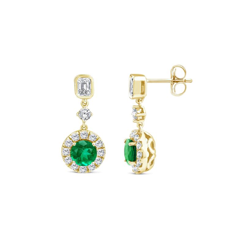 Emerald and Diamond Halo Drop Earring in 10K Yellow Gold &#40;3/4 ct. tw.&#41; – Image 2 of 2