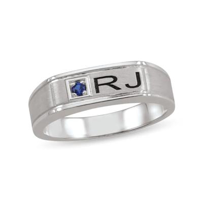 men’s initial ring with custom gemstone in 10K White Gold