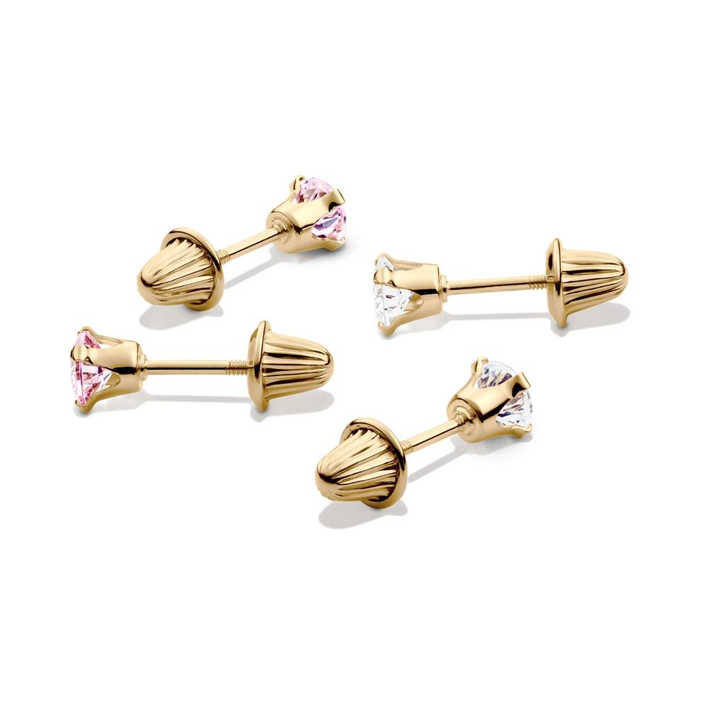 Children's Pink &amp; White Cubic Zirconia Stud Earring Set in 14K Yellow Gold – Image 2 of 2