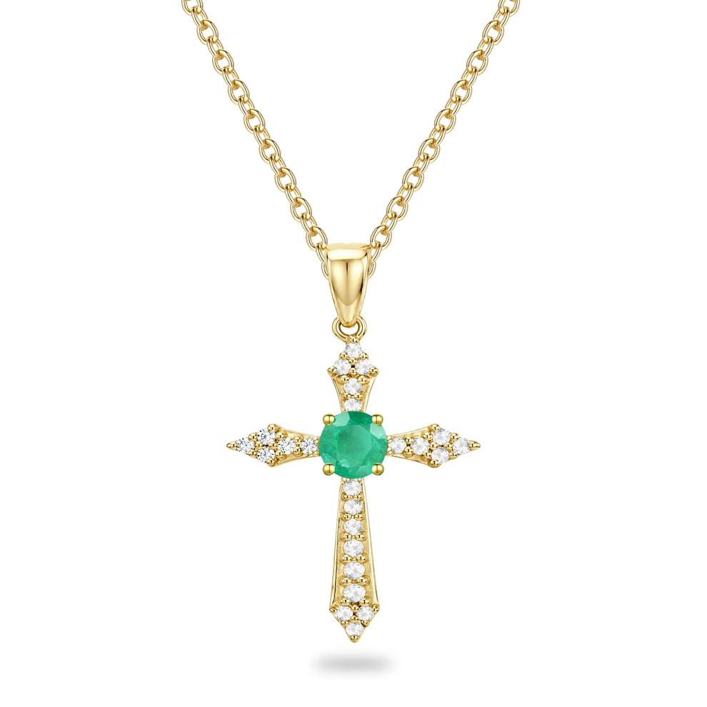 Emerald &amp; Diamond Accent Cross Pendant Necklace in 10K Yellow Gold – Image 1 of 4