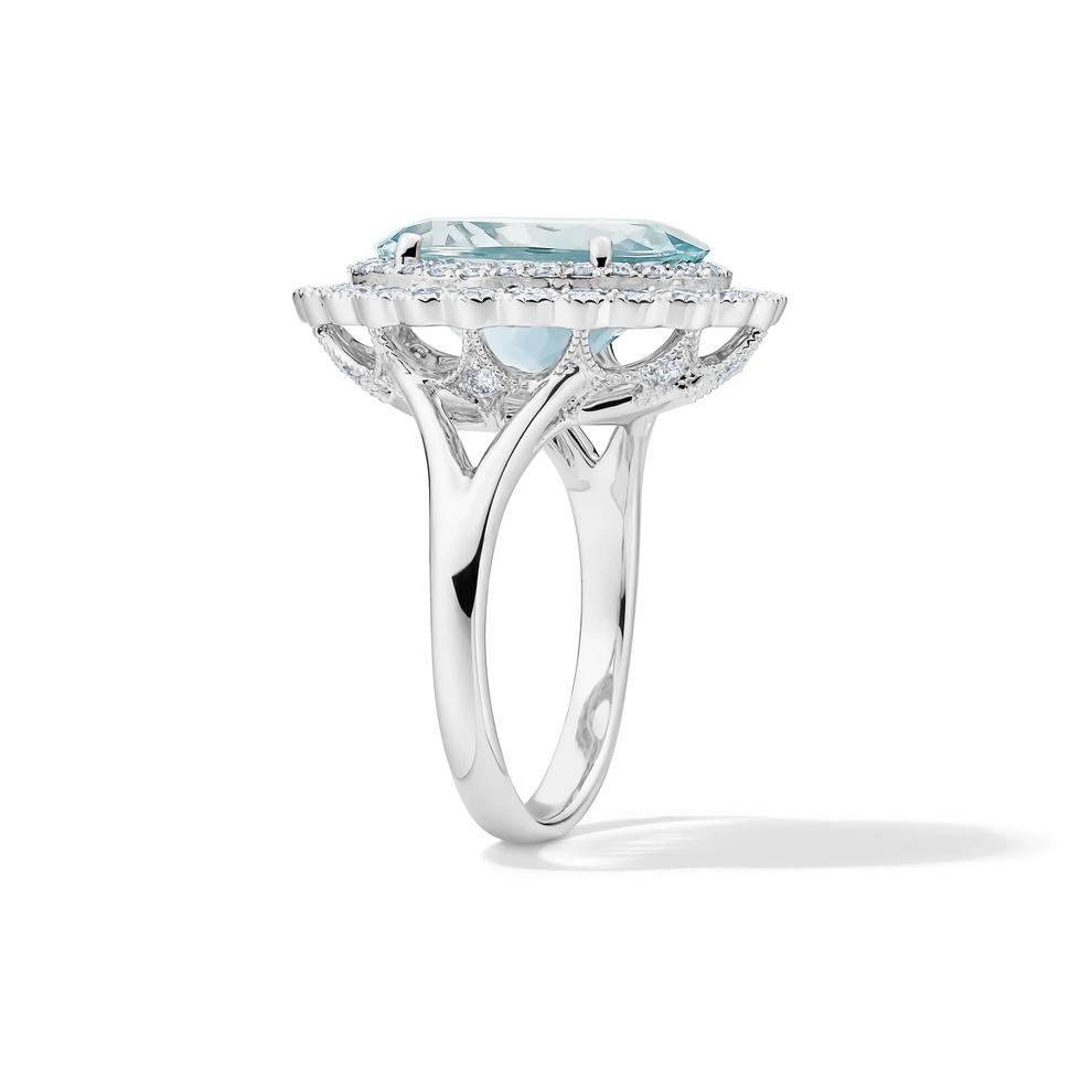 Oval Aquamarine &amp; Diamond Double Halo Ring in 18K White Gold (7/8 ct. tw.) – Image 2 of 2