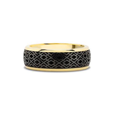 Men's Zirconium Inlay Laser Carved Domed Wedding Band in 14K Yellow Gold, 8mm