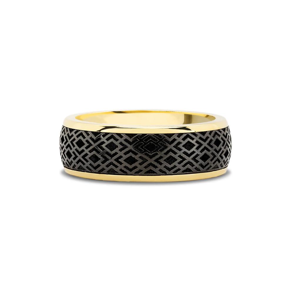 Men's Zirconium Inlay Laser Carved Domed Wedding Band in 14K Yellow Gold, 8mm – Image 1 of 4
