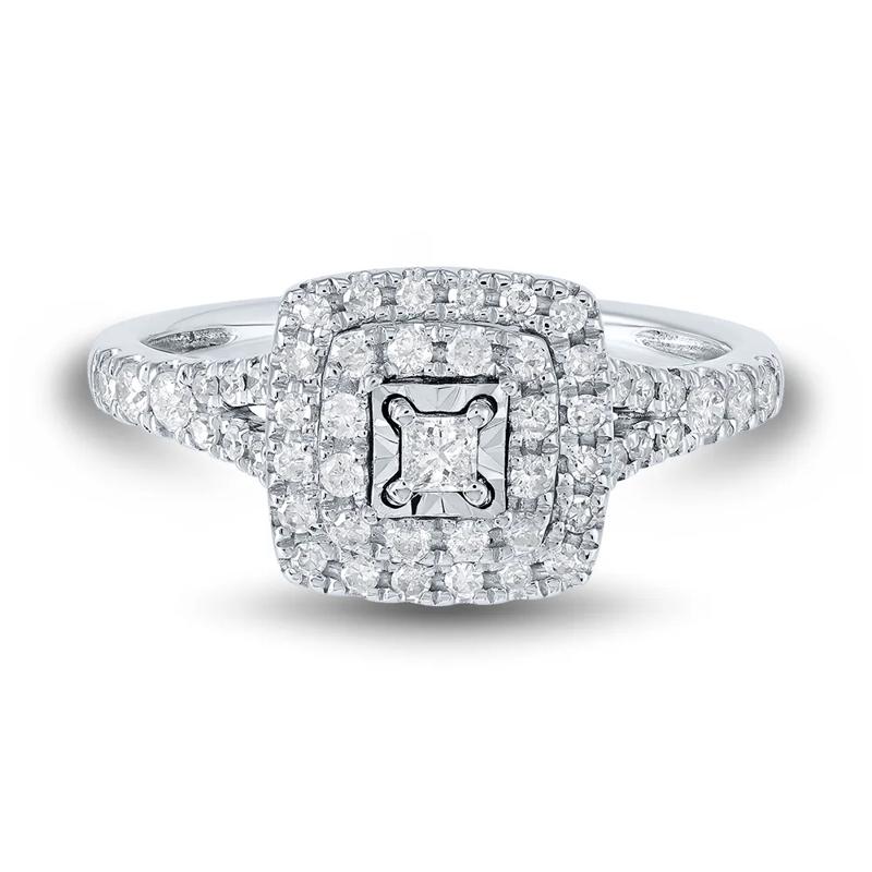Princess-Cut Double-Halo Diamond Engagement Ring in 10K White Gold &#40;1/2 ct. tw.&#41; – Image 1 of 3