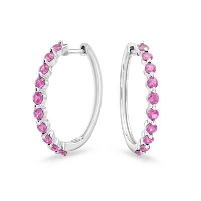 Lab-Created Pink Sapphire Round Hoop Earrings in Sterling Silver