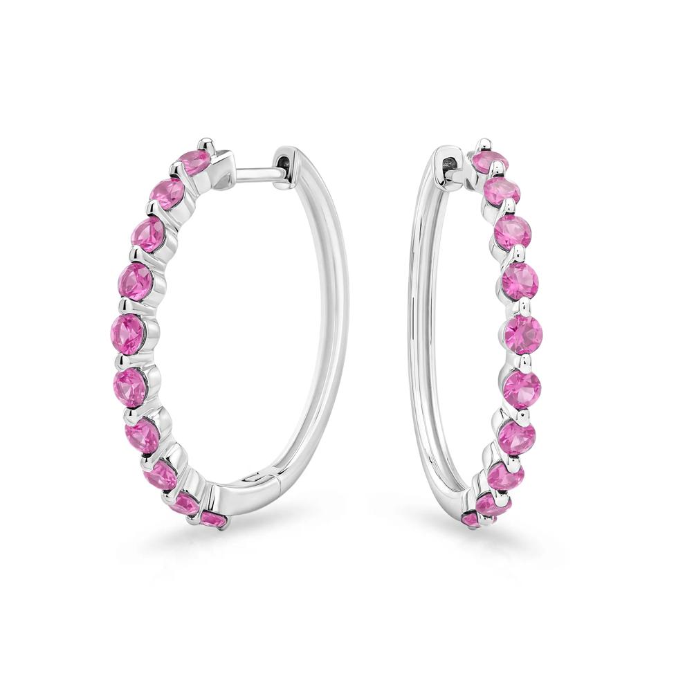 Lab-Created Pink Sapphire Round Hoop Earrings in Sterling Silver – Image 1 of 2