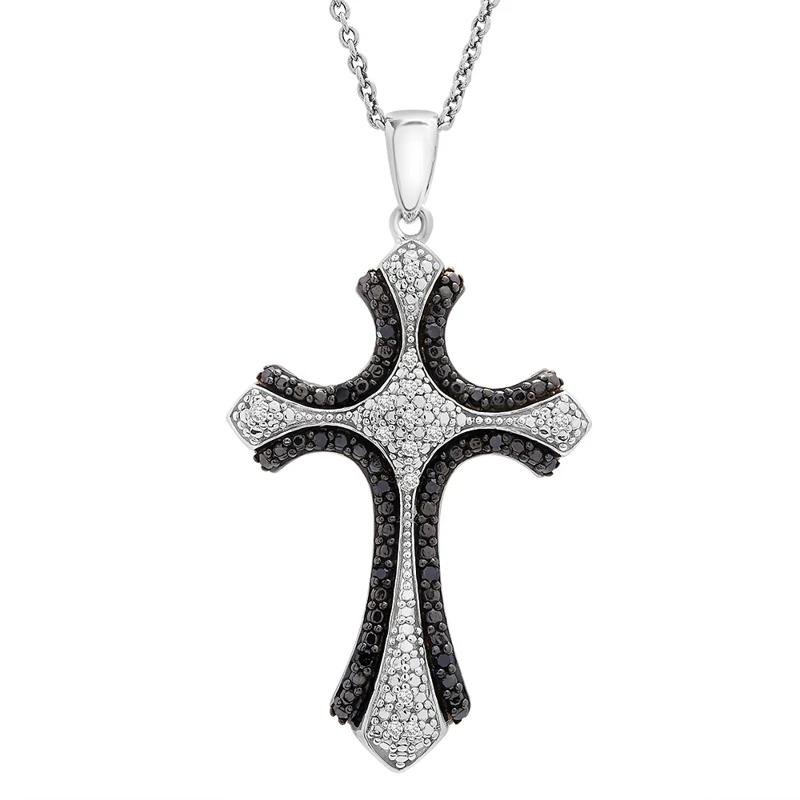 Black &amp; White Diamond Cross Pendant in Sterling Silver &#40;1/10 ct. tw.&#41; – Image 1 of 3