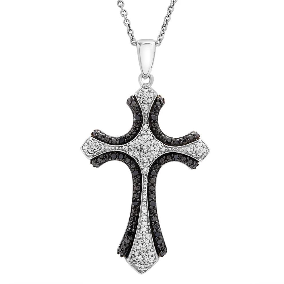Black &amp; White Diamond Cross Pendant in Sterling Silver (1/10 ct. tw.) – Image 1 of 3