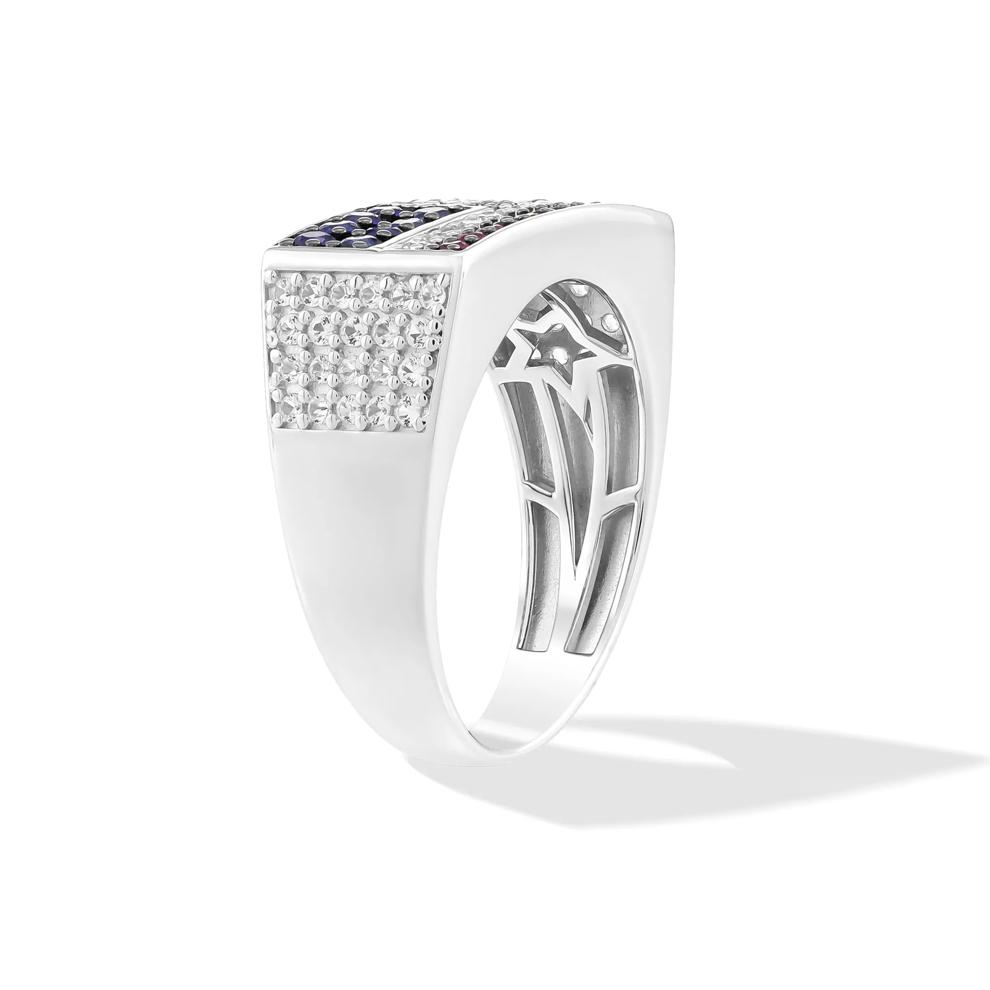 Men's Lab-Created Blue Sapphire, Lab-Created White Sapphire &amp; Lab-Created Ruby American Flag Ring in Sterling Silver – Image 3 of 4