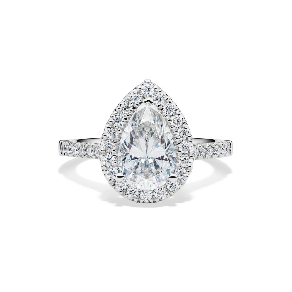Lab-Created Moissanite Pear-Shaped Halo Ring in 10K White Gold (2 1/2 ct. dew) – Image 1 of 4