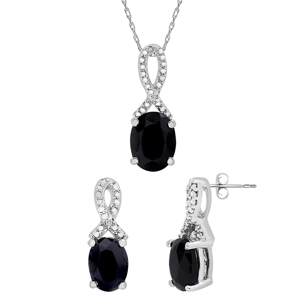 Oval Black Onyx Pendant and Earrings Set with Diamond Accents in Sterling Silver – Image 1 of 5
