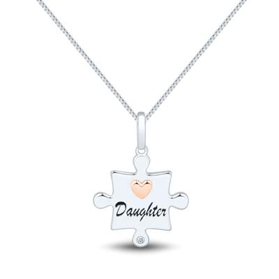 Daughter Puzzle Piece Diamond Accent Pendant in Sterling Silver and 14K Rose Gold