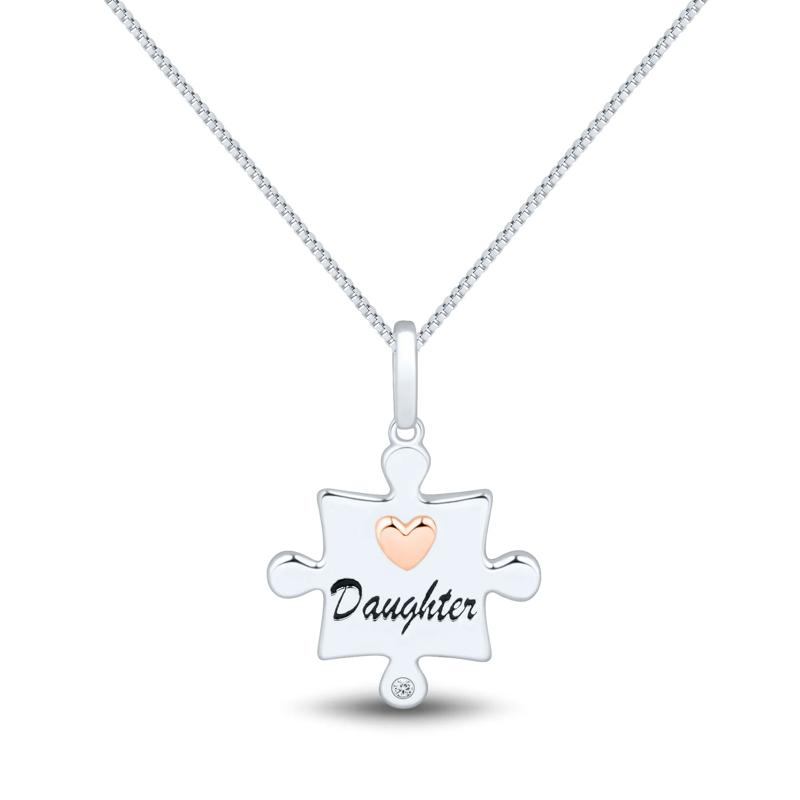 Daughter Puzzle Piece Diamond Accent Pendant in Sterling Silver and 14K Rose Gold – Image 1 of 3