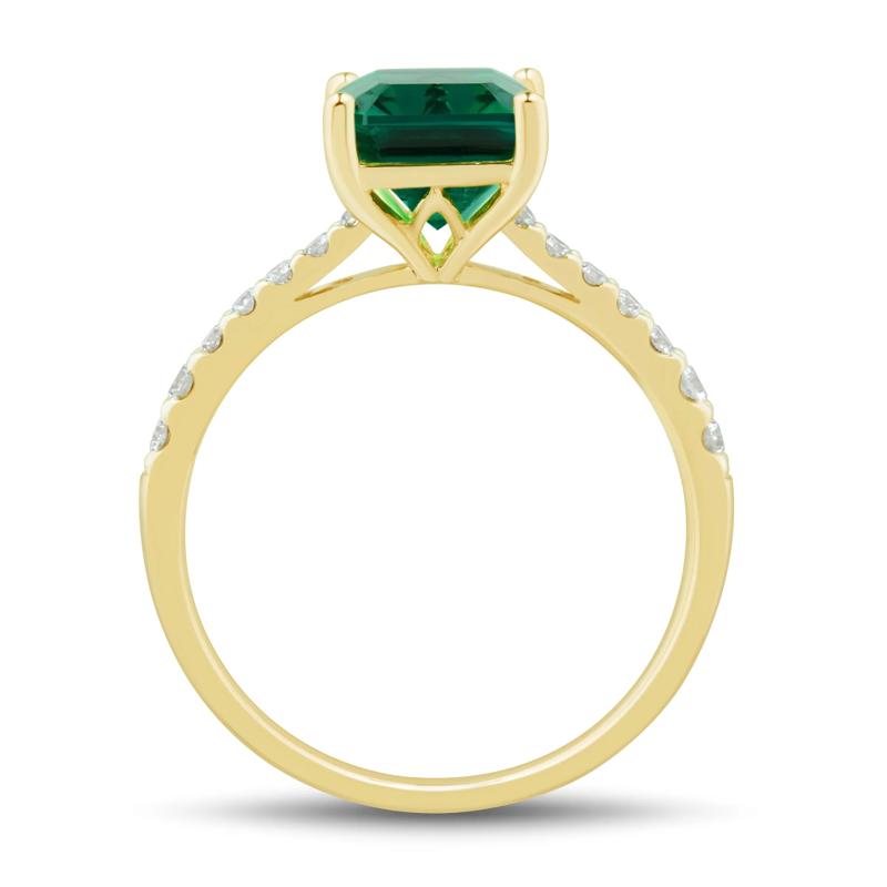 Lab-Created Emerald and Lab Grown Diamond Ring in 10K Yellow Gold &#40;1/5 ct. tw.&#41; – Image 2 of 3