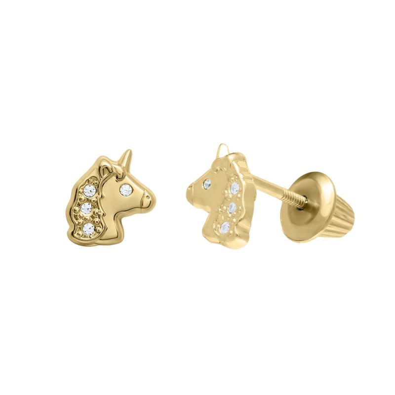 Children&#39;s Unicorn Stud Earrings with Cubic Zirconia in 14K Yellow Gold – Image 1 of 1