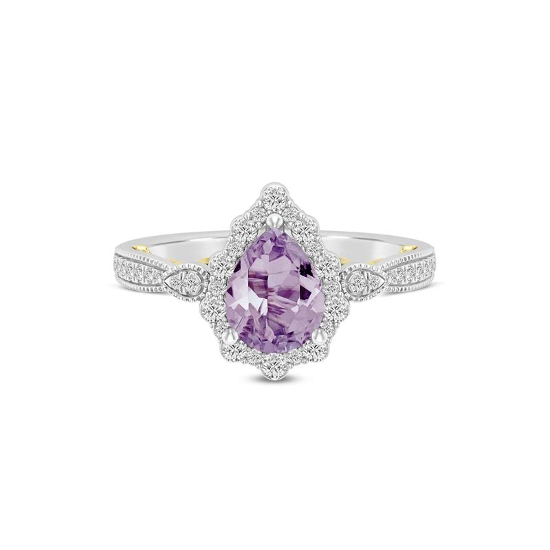 Pear-Shaped Rose De France Amethyst &amp; Diamond Engagement Ring in 14K White and Yellow Gold &#40;1/3 ct. tw.&#41; – Image 1 of 3