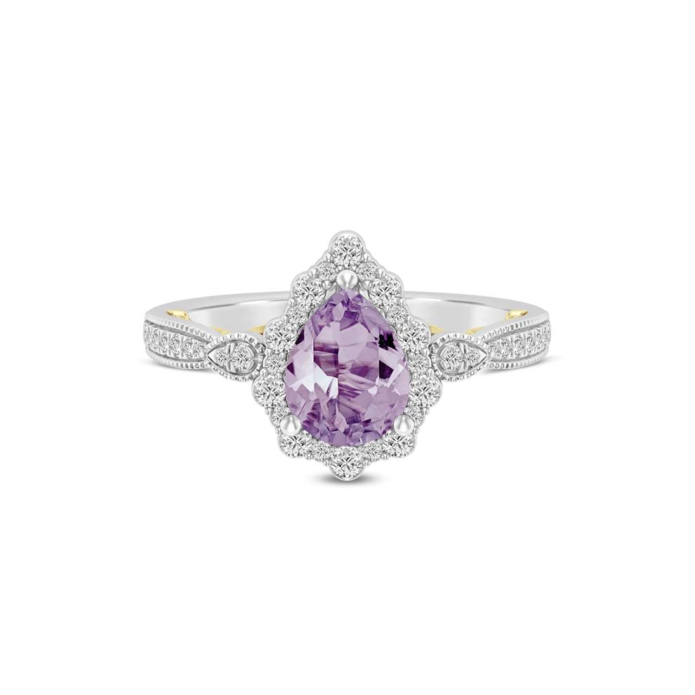 Pear-Shaped Rose De France Amethyst &amp; Diamond Engagement Ring in 14K White and Yellow Gold (1/3 ct. tw.) – Image 1 of 3