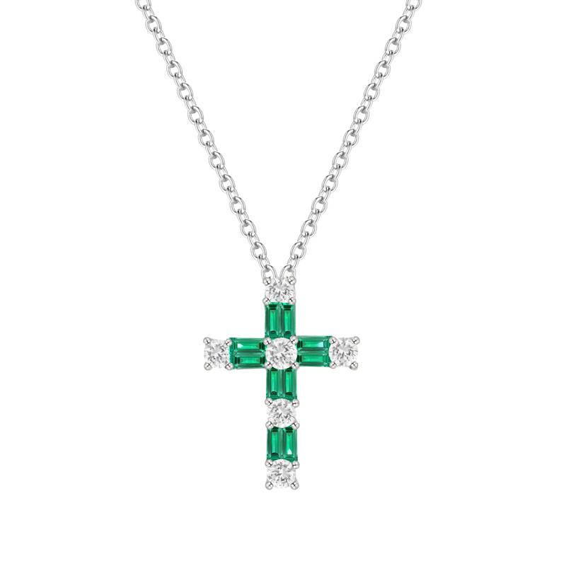 Lab-Created Emerald &amp; Lab-Created White Sapphire Cross Pendant in Sterling Silver – Image 1 of 3