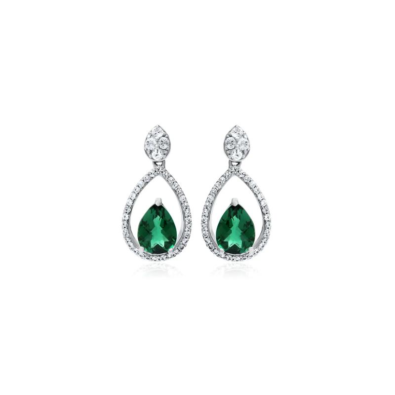 Lab Created Emerald &amp; White Sapphire Teardrop Dangle Earrings in Sterling Silver – Image 1 of 1