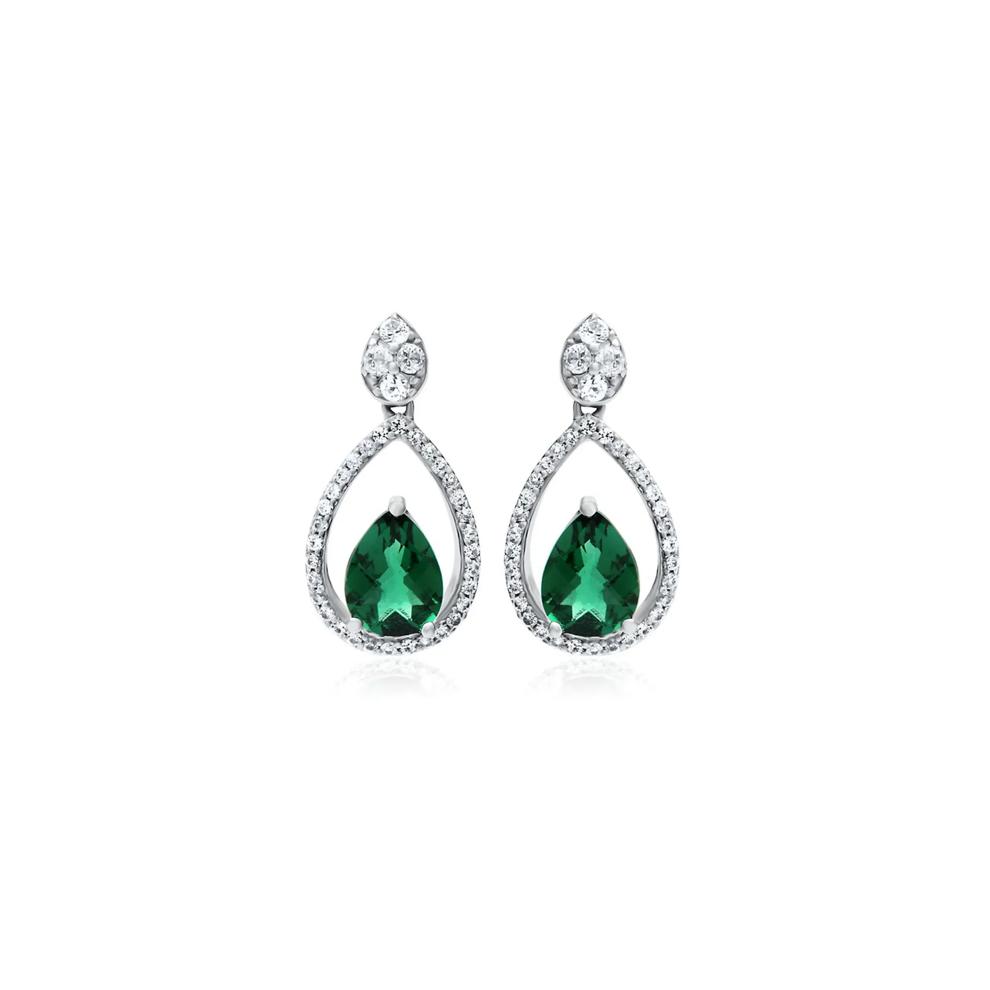 Lab Created Emerald &amp; White Sapphire Teardrop Dangle Earrings in Sterling Silver – Image 1 of 1