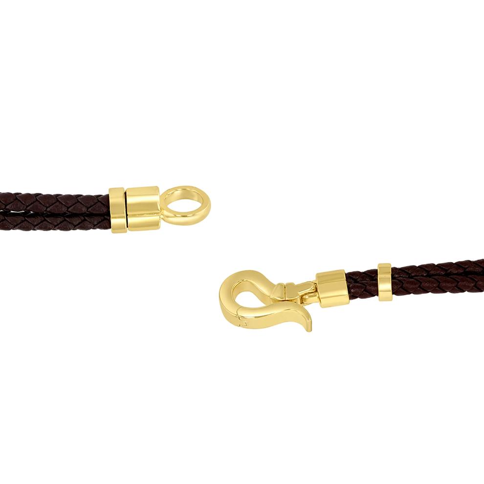 Men's Double Woven Brown Leather Screw Bracelet in Vermeil and Sterling Silver, 8.5" – Image 2 of 3