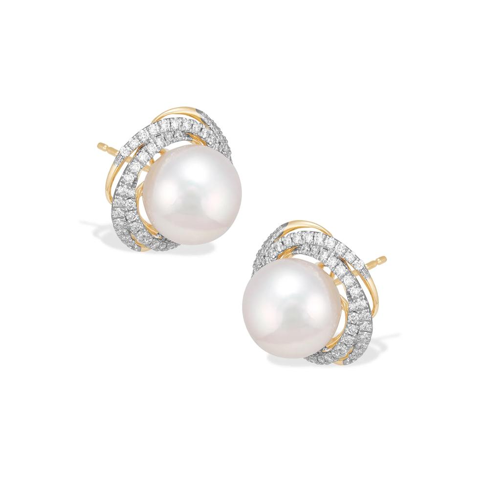 Freshwater Cultured Pearl &amp; Diamond Twisted Halo Stud Earrings in 14K Yellow Gold (3/4 ct. tw.) – Image 1 of 2