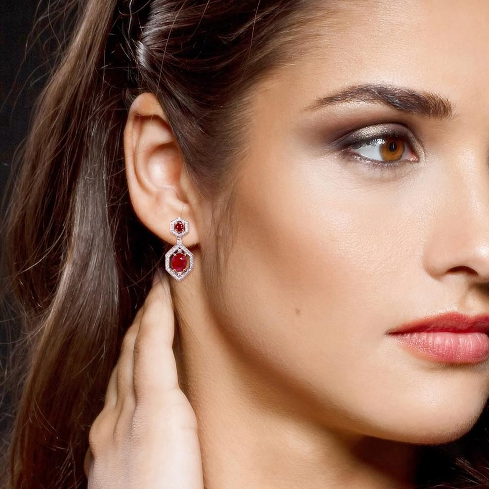 Ruby &amp; Diamond Drop Earrings in 14K White &amp; Rose Gold (5/8 ct. tw.) – Image 3 of 4