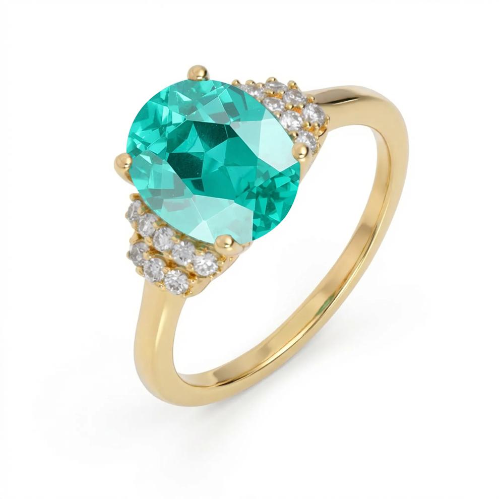 Lab-Created Paraiba Tourmaline &amp; Diamond Ring in 10K Yellow Gold (1/7 ct. tw.) – Image 4 of 4