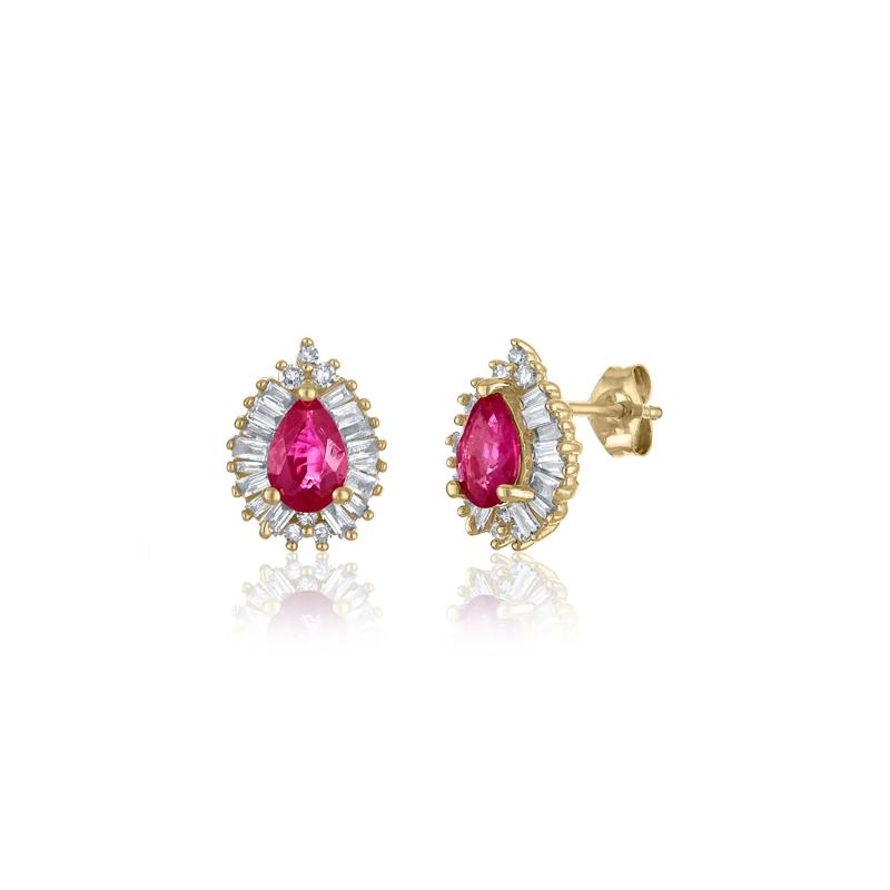 Ruby and Diamond Pear-Shaped Halo Earrings in 14K Yellow Gold &#40;1/3 ct. tw.&#41; – Image 1 of 1