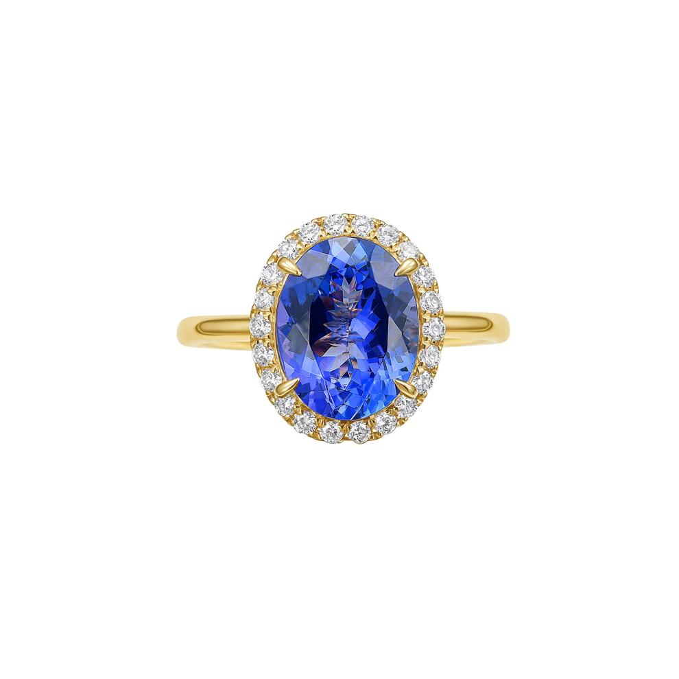 Tanzanite Oval &amp; Diamond Halo Ring in 14K Yellow Gold (1/5 ct. tw.) – Image 1 of 3