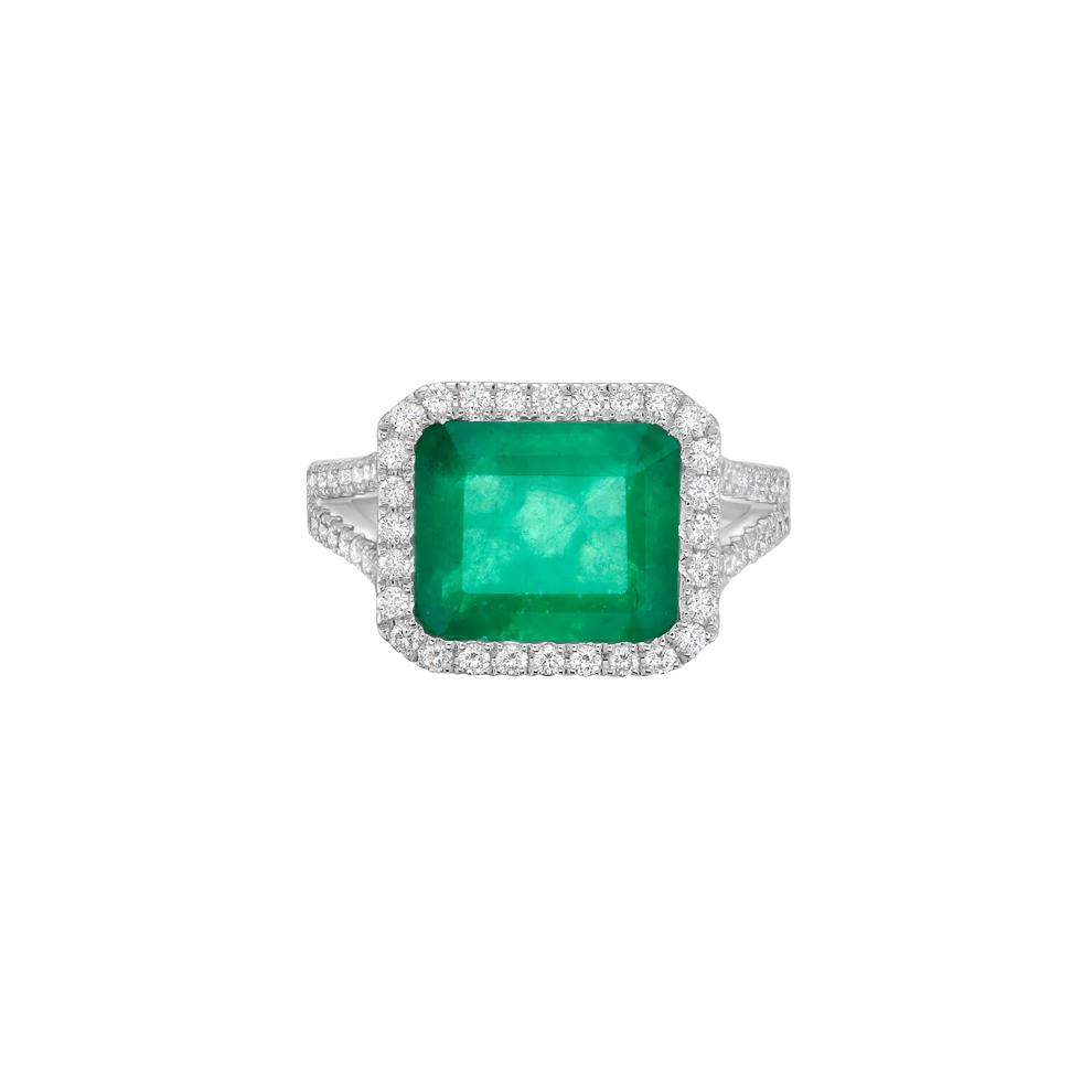 Emerald and Diamond Halo Split-Shank Ring in 14K White Gold (5/8 ct. tw.) – Image 1 of 4