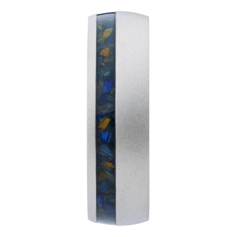 Men&rsquo;s Blue Tiger&rsquo;s Eye Mosaic Inlay Wedding Band in Titanium, 7MM – Image 3 of 3