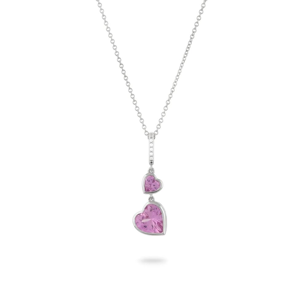 Lab-Created Pink Sapphire &amp; Diamond Accent Two-Heart Drop Pendant Necklace in Sterling Silver – Image 1 of 4
