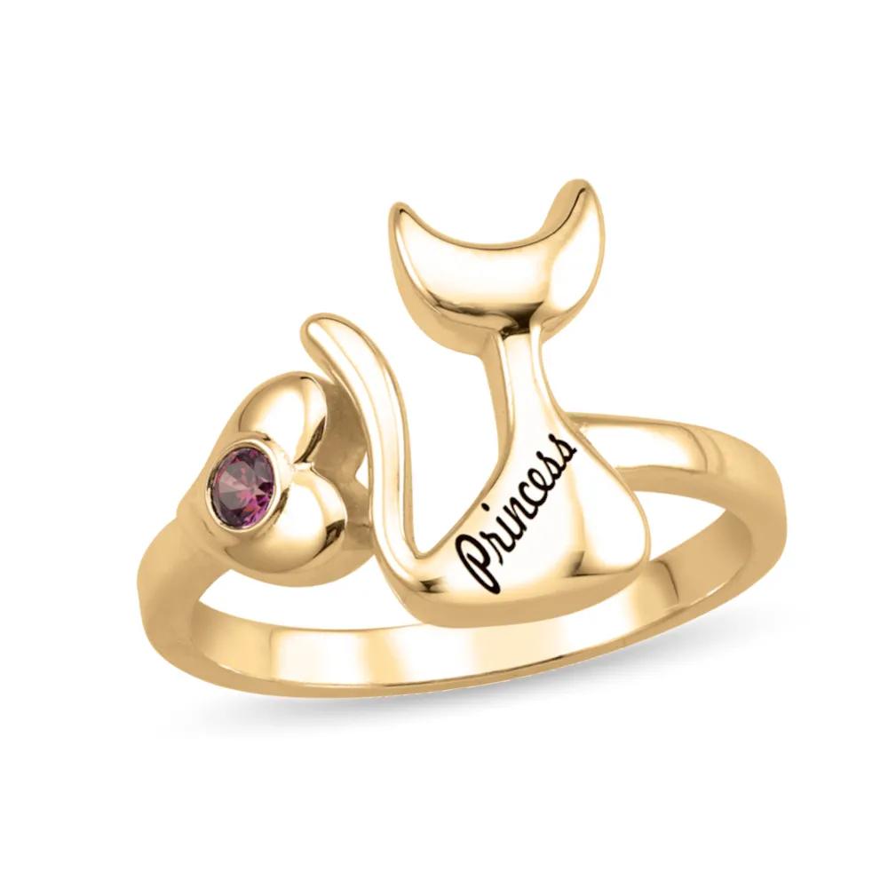 Personalized Cat Ring with Engraving & Custom Gemstone