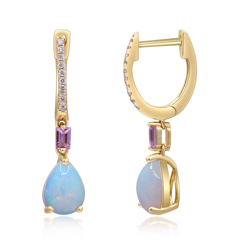 Opal, Pink Sapphire &amp; Diamond Accent Drop Hoop Earrings in 10K Yellow Gold – Image 2 of 3