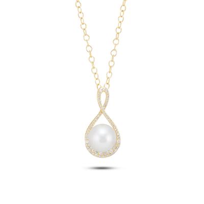 Freshwater Cultured Pearl & Diamond Drop Pendant Necklace in 14K Yellow Gold (1/3 ct. tw.)