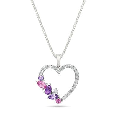 Lab-Created Pink Sapphire & Amethyst Heart Pendant Necklace in Sterling Silver