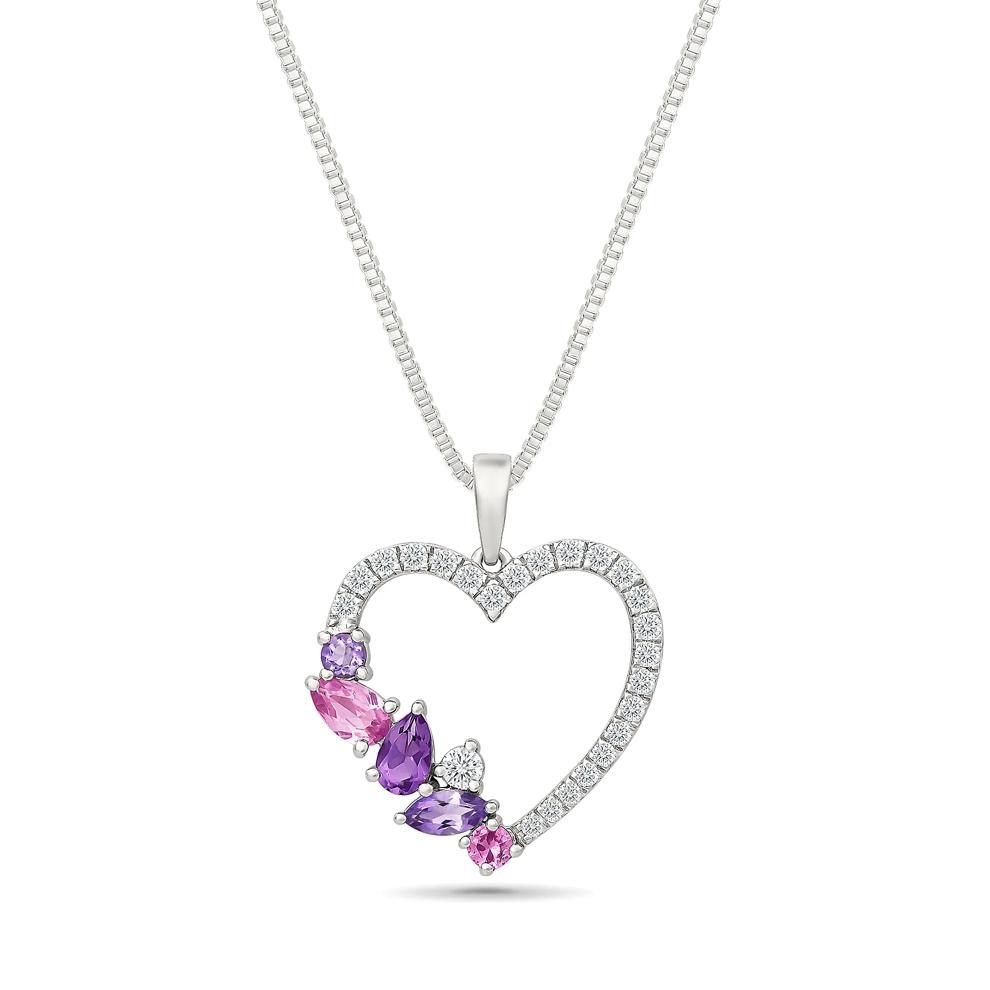 Lab-Created Pink Sapphire &amp; Amethyst Heart Pendant Necklace in Sterling Silver – Image 1 of 4