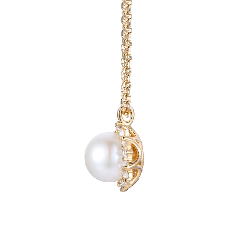 Freshwater Cultured Pearl and Diamond Halo Necklace in 10K Yellow Gold &#40;1/5 ct. tw.&#41; – Image 2 of 3