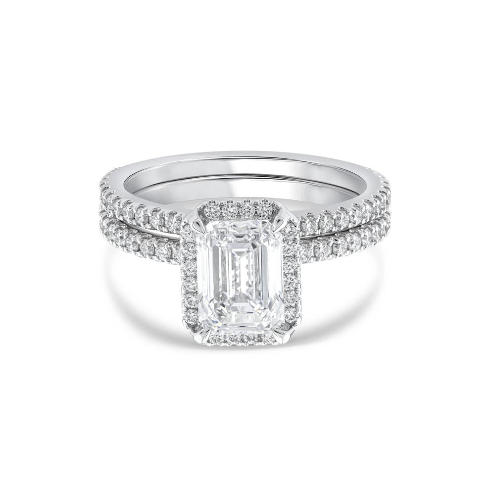 Lab Grown Diamond Emerald-Cut Halo Bridal Set in 14K White Gold (2 3/4 ct. tw.) – Image 1 of 3