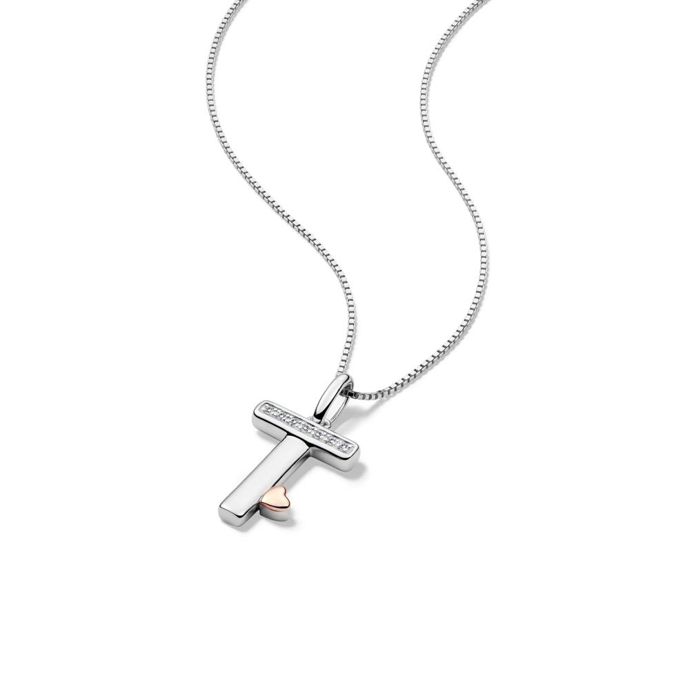 Diamond Accent Initial T Pendant in Sterling Silver and 14K Rose Gold – Image 4 of 5